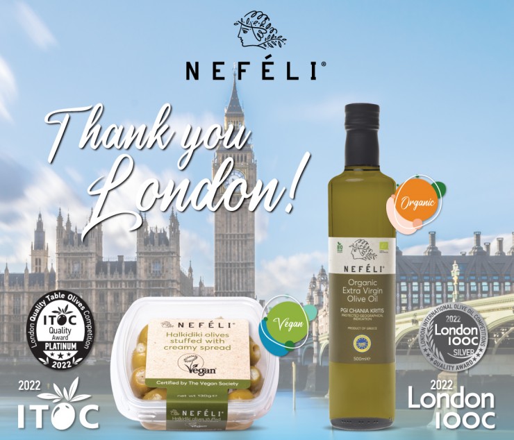 2 new awards for Nefeli in London! Platinum for our VEGAN Halkidiki olives stuffed with creamy spread and Silver for our Organic PGI CHANIA KRITIS extra virgin olive oil!