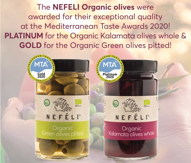Platinum award for our Organic Kalamata olives and Gold for our Organic Green olives pitted at the Mediterranean Taste Awards 2020