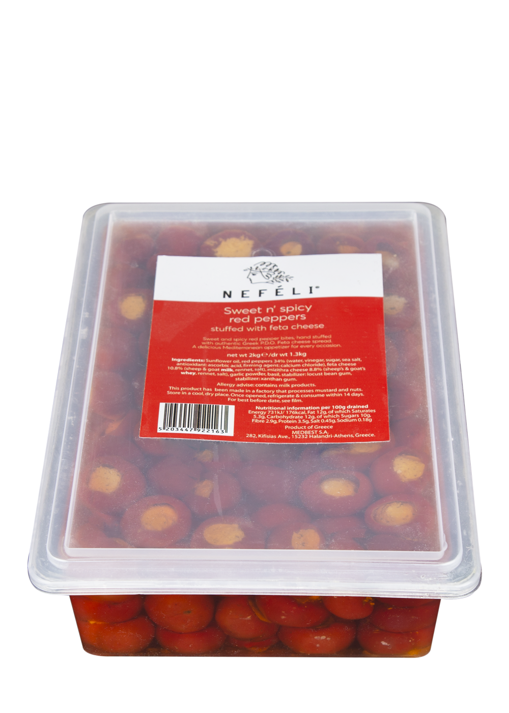 Sweet and spicy red peppers stuffed with feta cheese in plastic tray