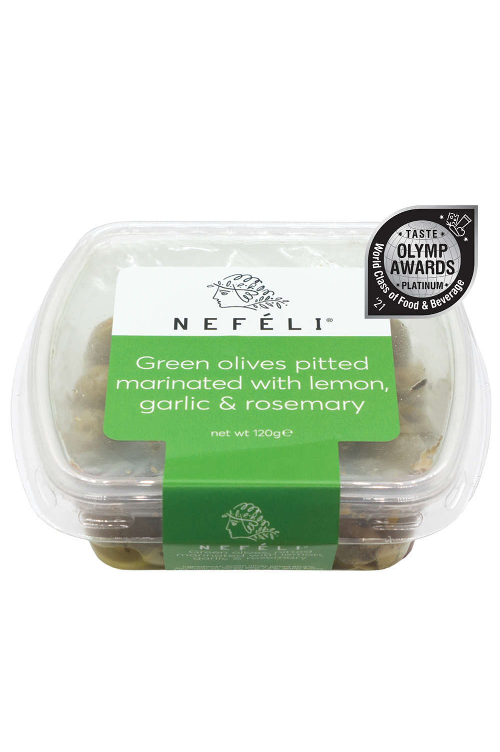 Green olives pitted marinated with lemon, garlic and rosemary in modified atmosphere