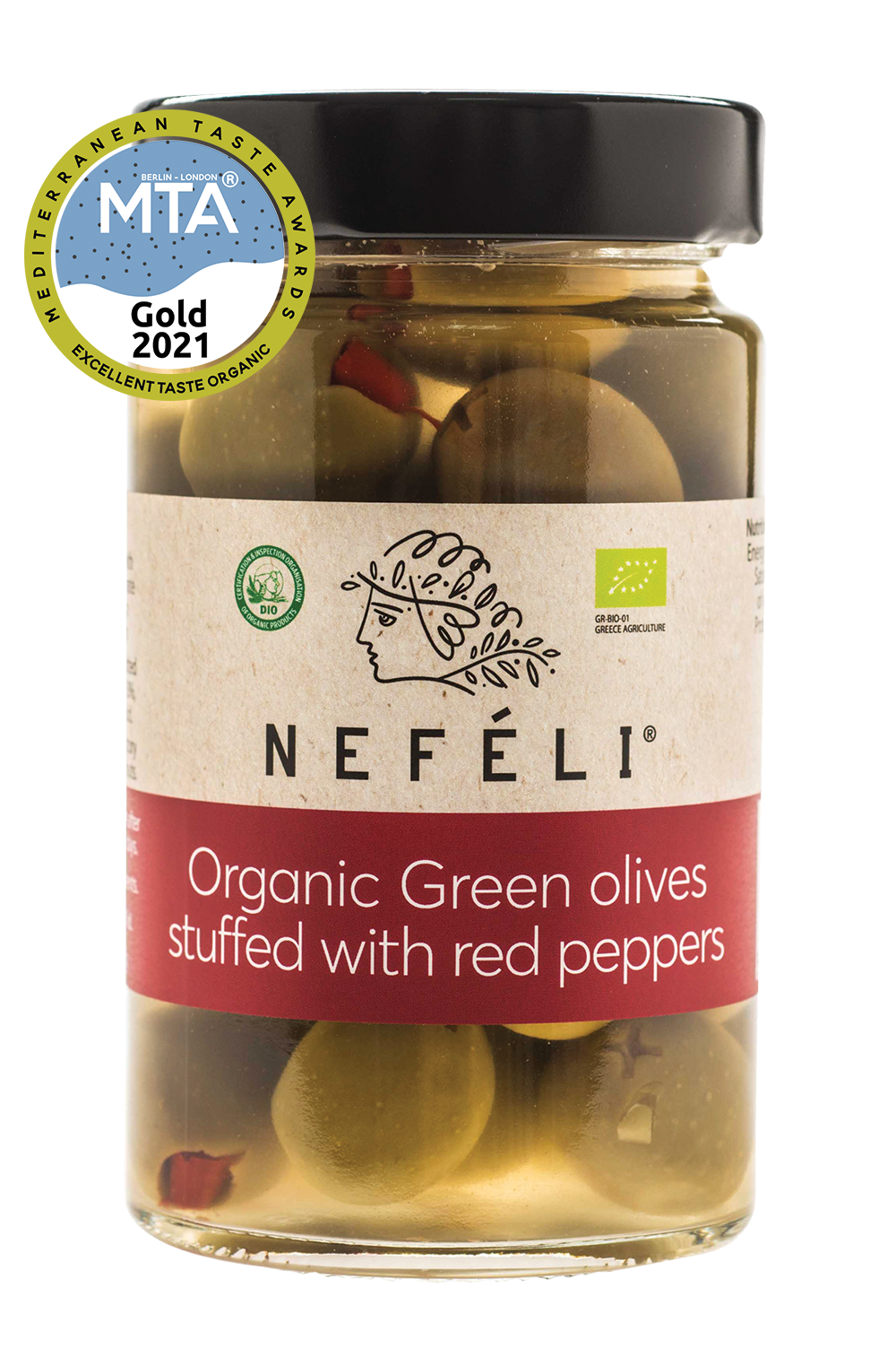 Organic Green olives stuffed with red pepper strips